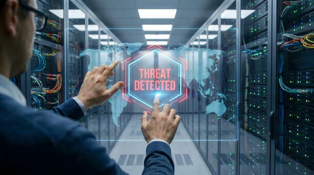 IT administrator interacting with holographic threat detected warning on global map in server room, Cybersecurity concept, network engineer analyzing cyber attack and global threat in data center.