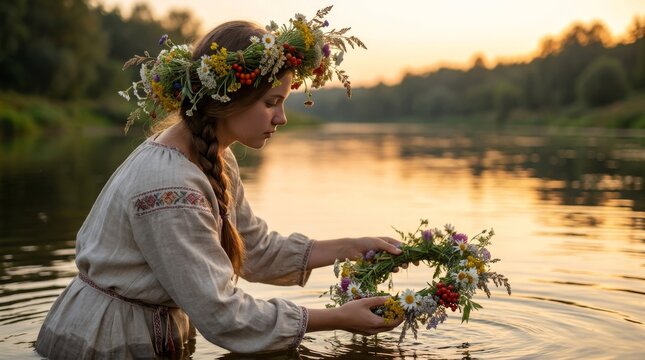 Woman placing a traditional flower wreath into a river at sunset during a midsummer celebration. Midsummer Solstice, Ivan Kupala