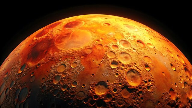 Detailed view of cratered celestial body glowing with warm orange light