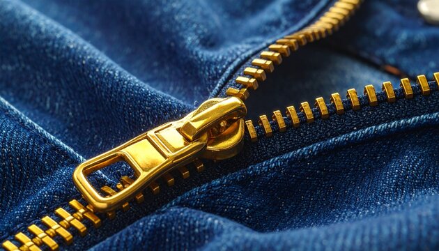 A golden metal zipper closure is prominent on classic blue denim fabric.