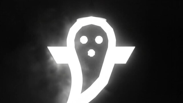 Spooky glowing ghost logo with a halo effect, illuminated against a dark, foggy background with light source above