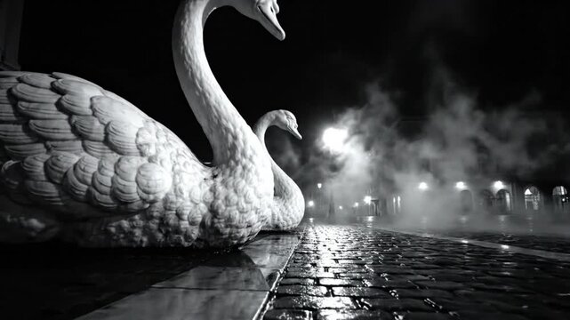 Black and white view of sculpted swan statue in the night with steam and the city in the background.