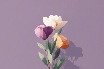 Fototapeta premium Three tulips in a vase on a purple background. the tulips are painted in a variety of colors including pink yellow and white and are surrounded by lush green leaves.