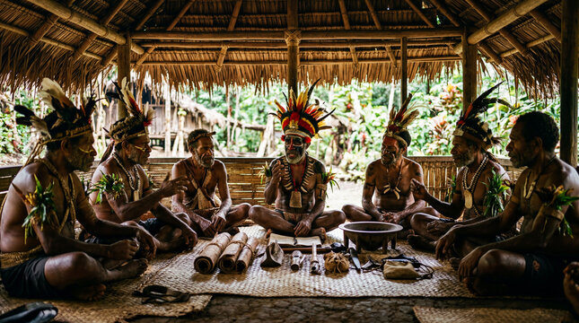 Indigenous men in traditional attire gathered in a hut