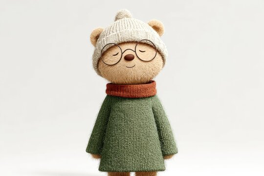 A teddy bear wearing a green coat and hat set against a white background. the bear is wearing glasses giving it a friendly and inviting look.