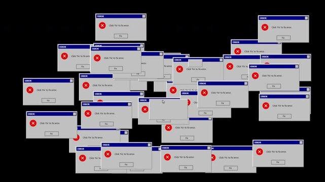 Chaotic Retro Computer Error Pop-up Windows Multiplying on Screen