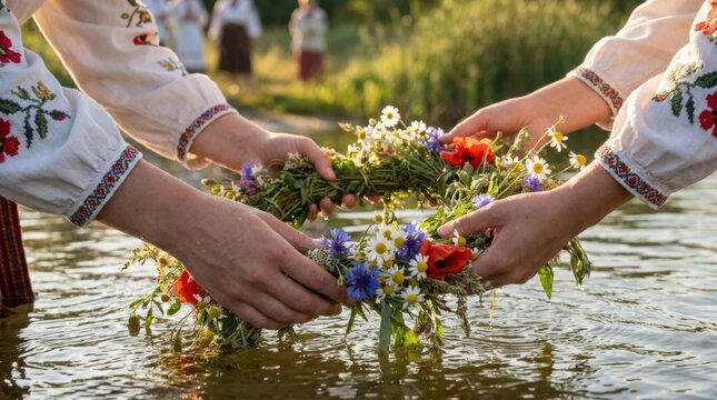 Hands in embroidered shirts placing a traditional flower wreath into the water during a summer pagan ritual or celebration by the river