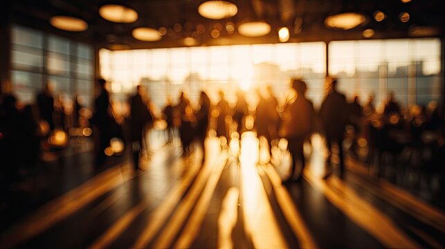 Warm sunlight streams through large windows, illuminating a blurred crowd indoors