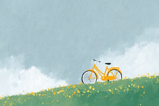A yellow bicycle parked on top of a lush green hillside surrounded by a vibrant array of yellow flowers. the sky in the background is a mix of blue and white creating a peaceful atmosphere.