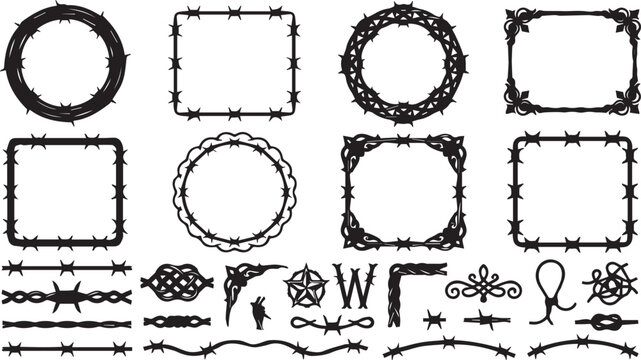 Set of various barbed wire frames and decorative elements with ornament illustration collection decorative silhouette abstract creative