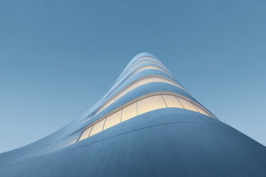 A tall building with a curved roof and a blue sky in the background. the building appears to be a concert hall with its distinctive curved shape and intricate details.