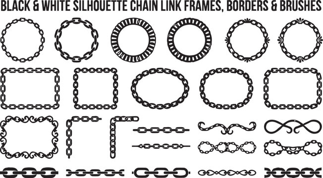 Black and white silhouette chain link frames and borders with border design silhouette elements ornament decorative frame-set collection industrial connection