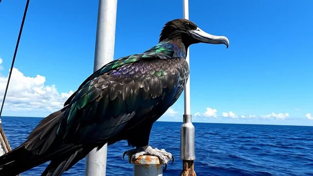Magnificent frigatebird perched on boat rail, showcasing iridescent plumage against blue ocean and sky backdrop