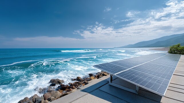 Coastal clean energy solar base, blue sea and sky, simple coastal environmental energy scenery