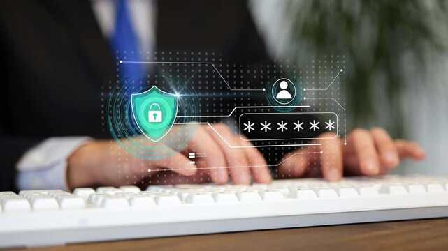 Close-up of businessman typing password on keyboard. Digital cybersecurity, secure login process, data protection, network safety and privacy concept for corporate business