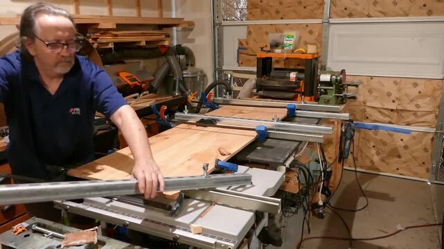 Small garage shop footage of a woodworker clamping glued boards together on a workbench.