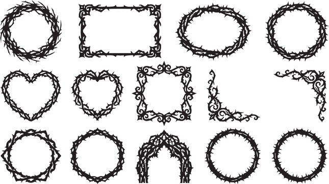 Set of decorative thorn and branch frames and borders collection with silhouette decorative rectangle ornament collection illustration isolated background