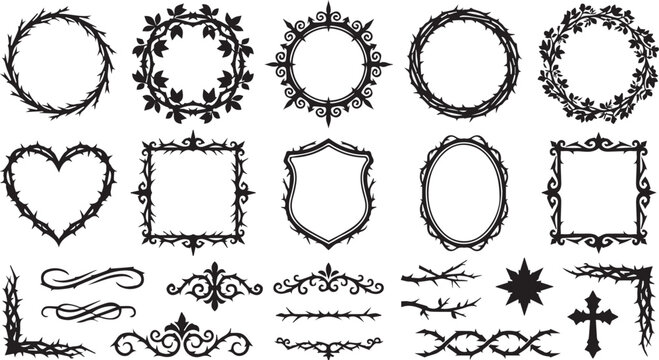 Collection of decorative gothic frames and ornaments with thorns ornament silhouette decorative illustration collection isolated background invitation