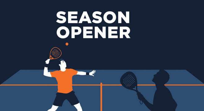 Season Opener Padel Match: Vibrant Illustration with Player Silhouettes and Graphic Design