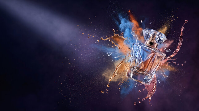 Luxury perfume bottle explosion with colorful splashes and powder