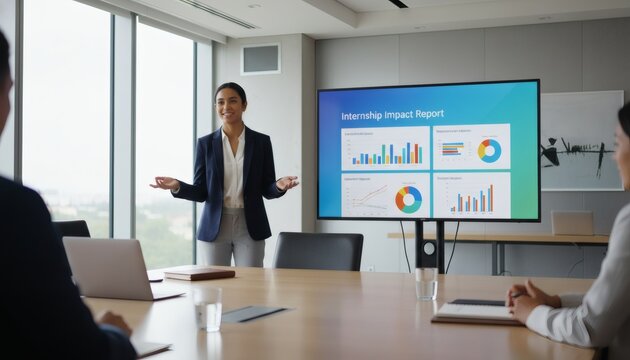 Confident female intern presenting to team using digital slides during a summer internships program review in a modern corporate office boardroom, career growth concept