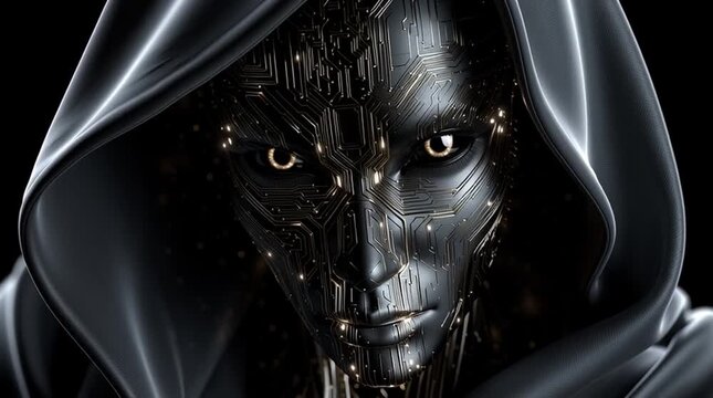 mysterious digital identity with golden circuit face, futuristic hooded cyber avatar with glowing technology, anonymous crypto figure with luminous data network