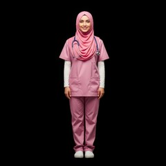 Fototapeta premium Young smiling muslim female nurse wearing pink scrubs and hijab with stethoscope.