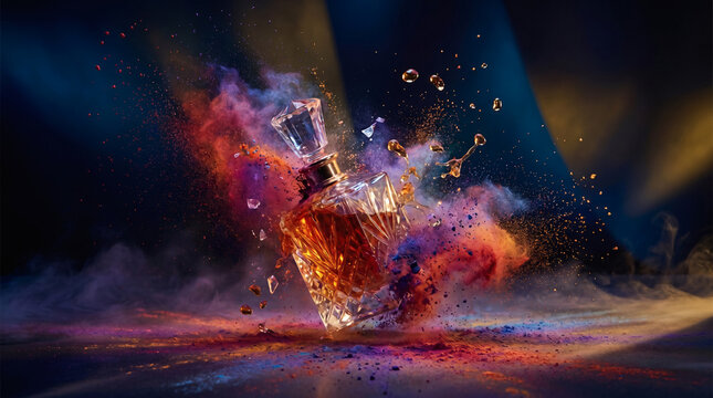 Luxury glass perfume bottle exploding with vibrant color powder