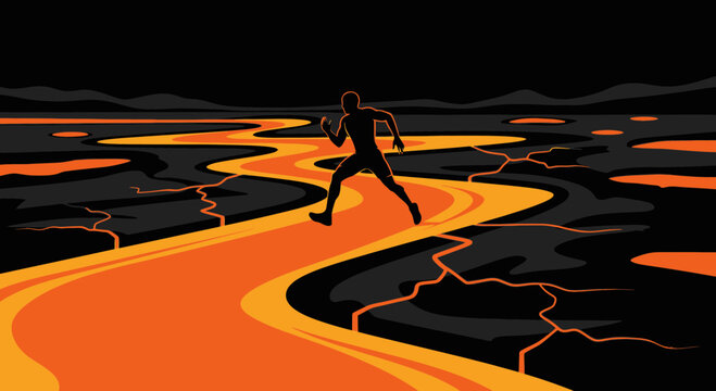 Silhouette Man Running Across Molten Lava Road With Erupting Ground Background