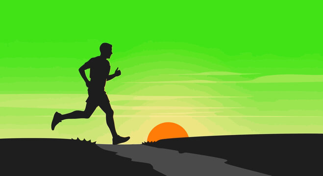 Silhouette Of A Runner Enjoying The Sunset On A Green Landscape During A Marathon Run