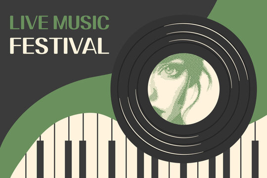 Live music festival poster design template. Retro vinyl record with halftone portrait of a woman fnd piano keys.