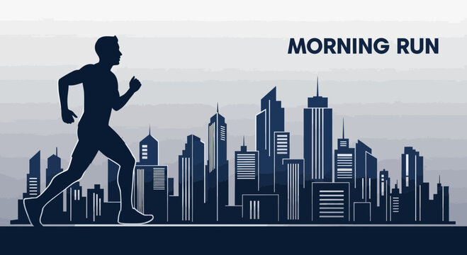 Silhouette Of Jogger Running In Front Of City Buildings During Early Morning