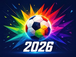 Fototapeta premium Soccer Ball with Rainbow Geometric Explosion for 2026 Football Illustration