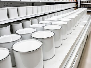 Fototapeta premium Rows of metal paint cans and buckets neatly organized on shelves in a hardware DIY store
