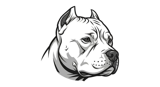 Detailed Black and White Pit Bull Dog Head Illustration on Plain White Background
