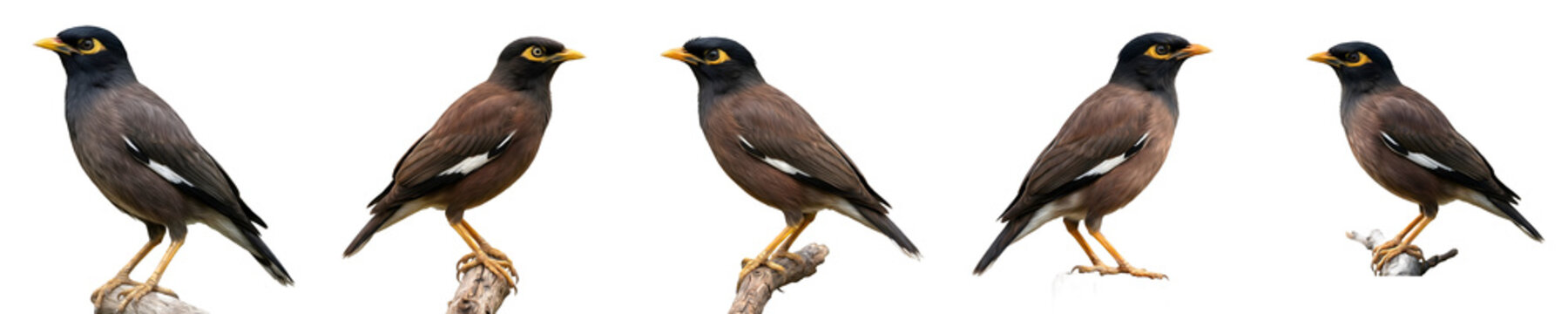 Collection of Common Myna birds shown from multiple angles perched on branches and standing, featuring their distinct yellow eye patches isolated on a white background.