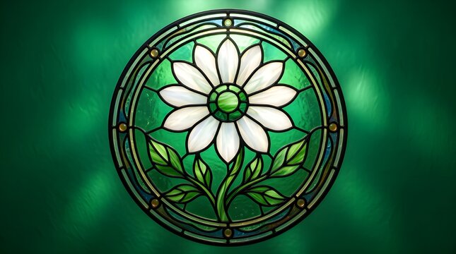 Stained glass window design featuring the Srebrenica flower emblem, glowing green memorial art for balkan genocide remembrance