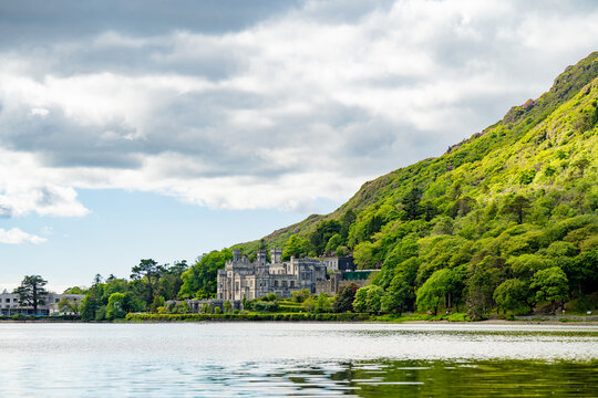 Kylemore Abbey stands on Pollacappul Lough below Druchruach Mountain in Connemara, County Galway. A famous neo Gothic landmark in western Ireland.