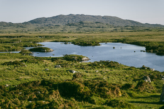 Small bog pools and peatland stretch beside Roundstone Bog Road in Connemara, County Galway. This image captures the wild wetland landscape of western Ireland.