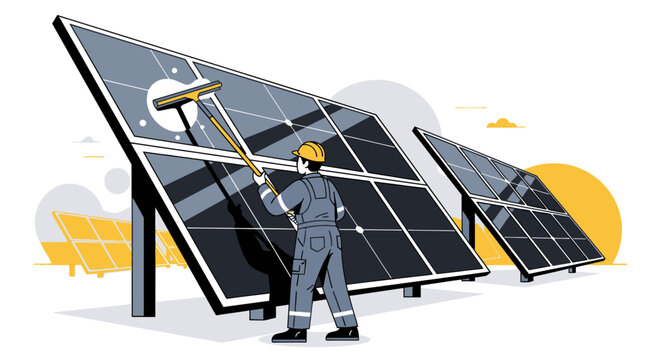 Maintenance worker cleaning large solar panels with a squeegee.