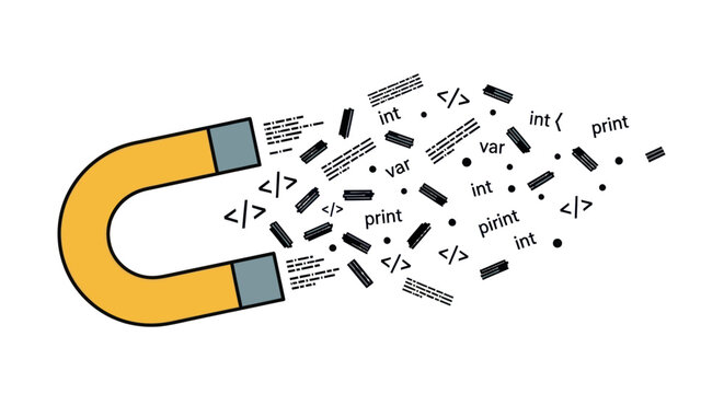 Magnet attracting code snippets and programming language symbols concept.