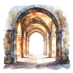 Fototapeta premium Watercolor illustration of a stone archway with a receding perspective, illuminated by sunlight