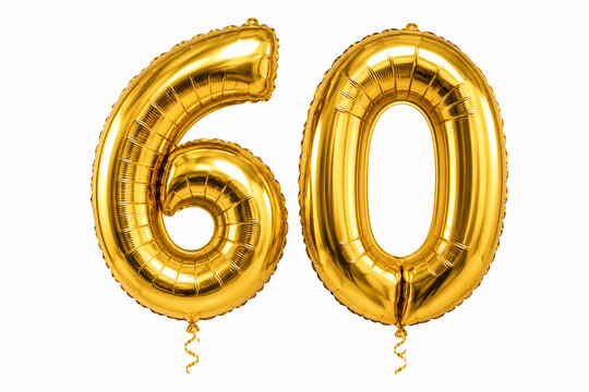 Two large, shiny gold foil balloons shaped like the number 60 are displayed against a white background.
