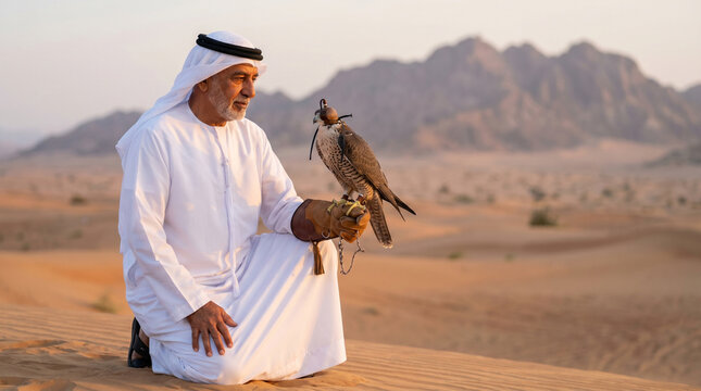 Elderly Arab Man in Traditional Attire with Falcon in Desert Landscape