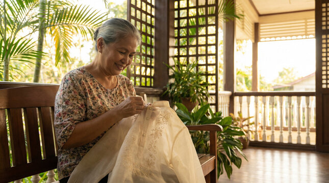 Elderly Filipino Woman Skillfully Sewing Traditional Garment on Porch