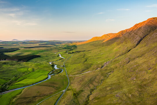 Aerial sunset view over the Erriff River valley north of Killary Fjord, County Mayo, Ireland. Remote Wild Atlantic Way landscape near Leenane and Aasleagh Falls.