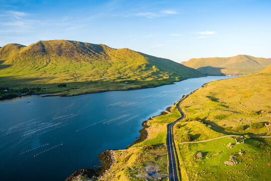 Aerial view of Killary Fjord near Leenane on the Galway Mayo border, Ireland. Irelands only fjord winds through the dramatic Connemara and Mayo mountain landscape.