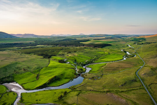 Aerial sunset view over the Erriff River valley north of Killary Fjord, County Mayo, Ireland. Remote Wild Atlantic Way landscape near Leenane and Aasleagh Falls.