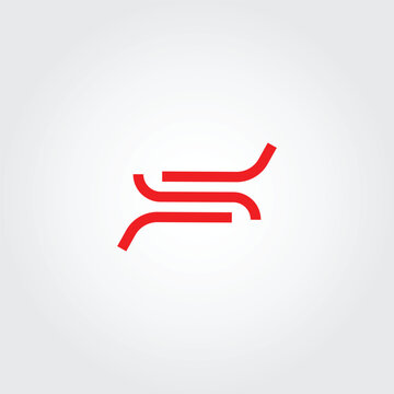 Symmetrical abstract logo design featuring two red flowing parallel lines on a light gray background.