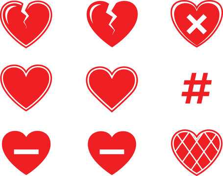 Set of red heart icons with various symbols and designs for love and relationship concepts